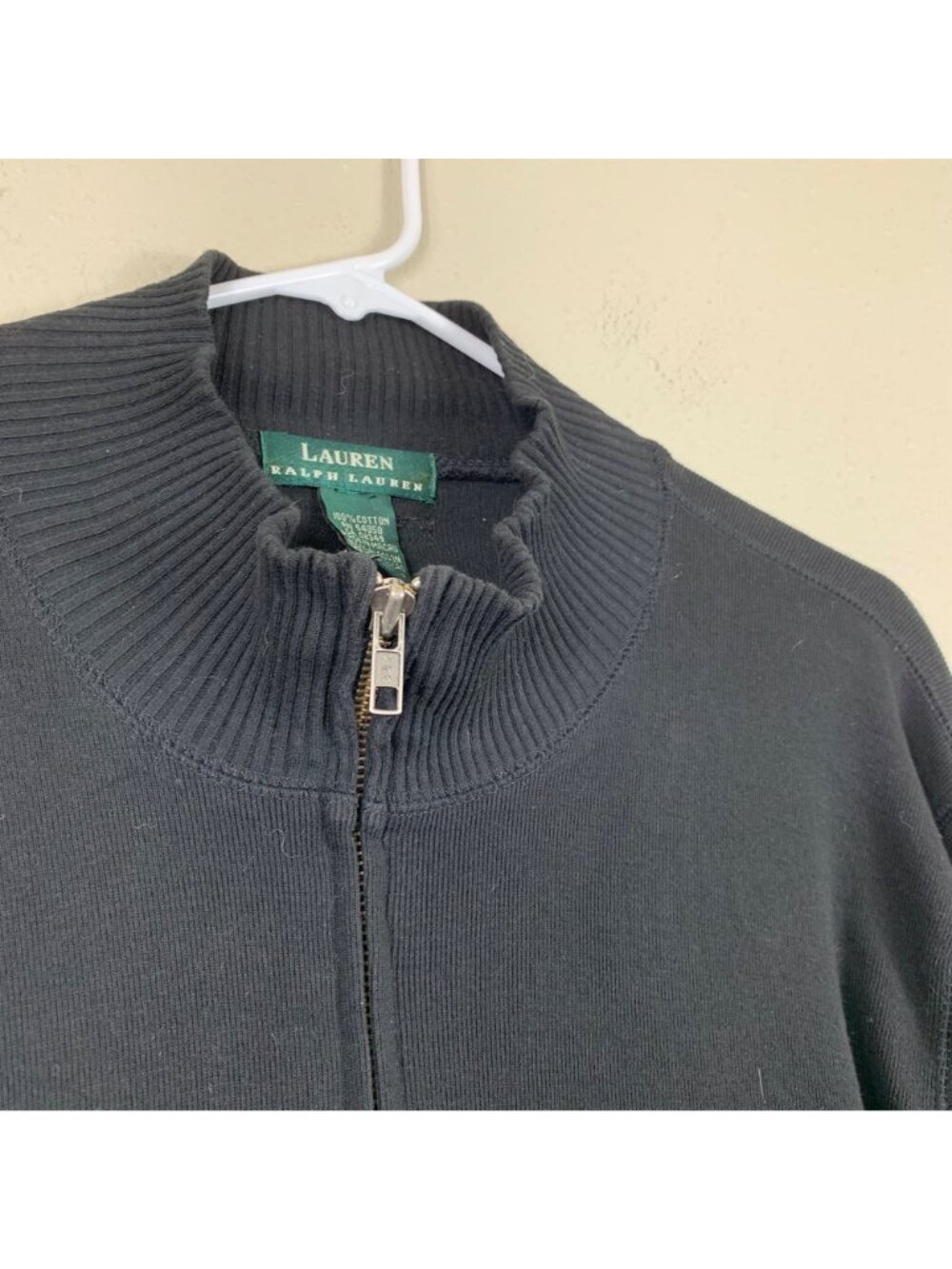 VTG Y2K Lauren Ralph Lauren Cardigan L Black Cotton Zip Leather Elbow Patch - Picture 6 of 8